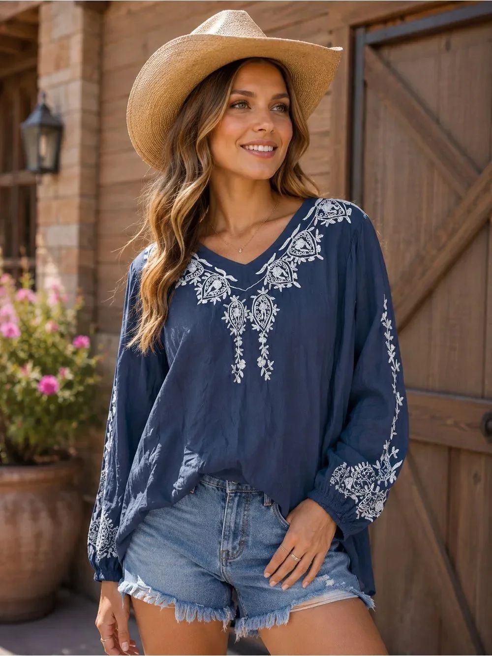 Scully Blue White Floral V-Neck Tunic Blouse Sz XL Western Cottage Prairie Rodeo